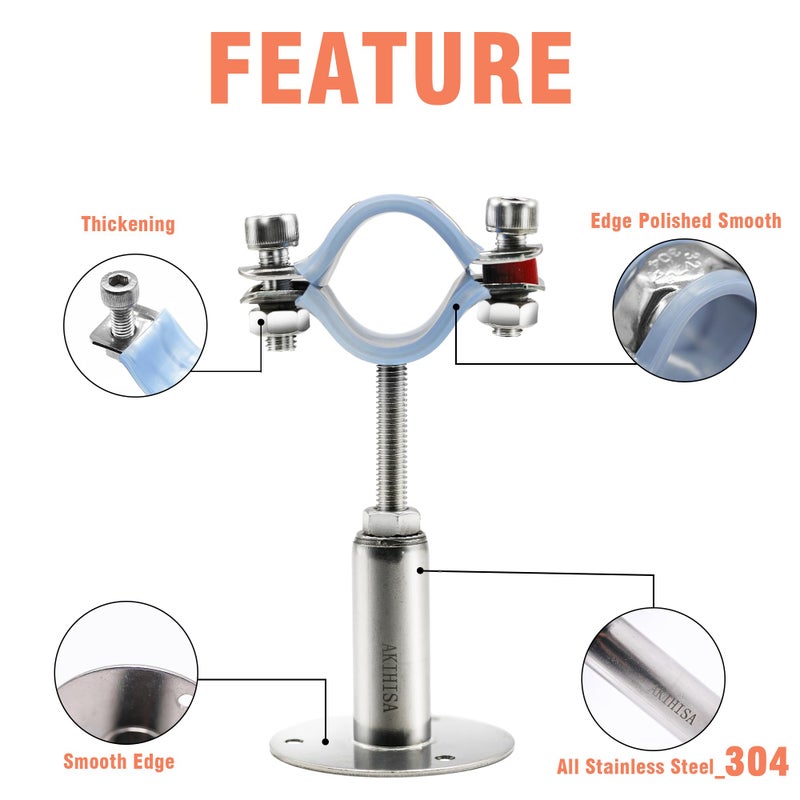 AKIHISA 2 Pcs 304 Stainless Steel Pipe Supports, Wall Mount Ceiling Mount Pipe Hanger, Pipe Holder for OD Pipe 15-19MM Adjustable Height Range 100-200mm - Image 3